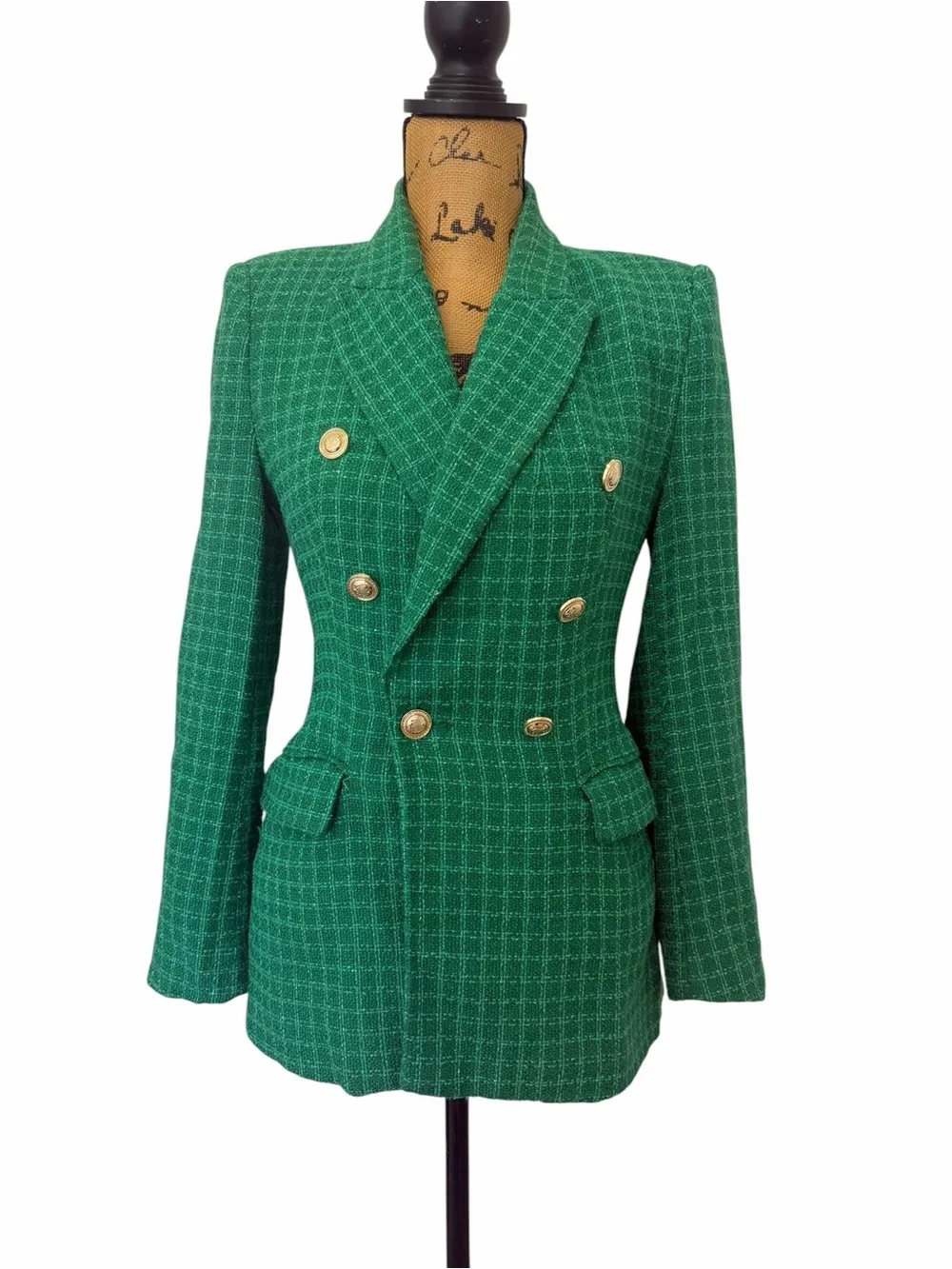 ZARA Emerald Green Tweed Blazer Gold Crest Buttons Structured Jacket Small